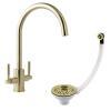 Newbury Brushed Brass Dual Lever Kitchen Sink Mixer & Basket Strainer (Round Overflow)-0