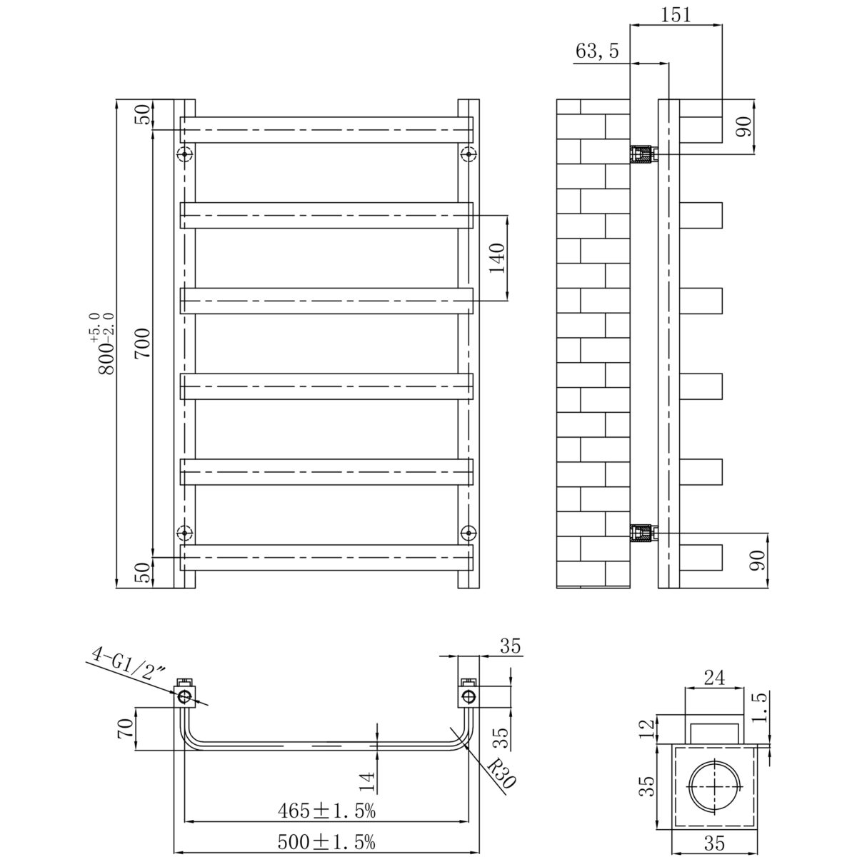 Hastings Brushed Brass 800 x 500mm Radiator Towel Warmer Designer - Image 2